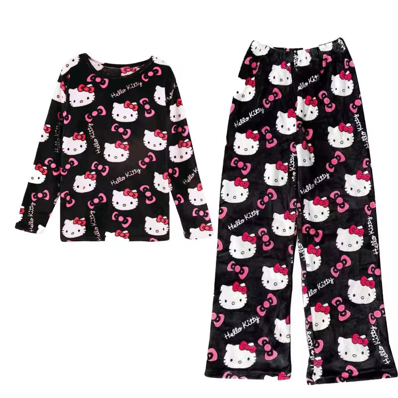 Cartoon Sanrio Hello Kitty Autumn and Winter Flannel Thickened Velvet Cartoon Print Set Winter Wearable Home Clothing Set