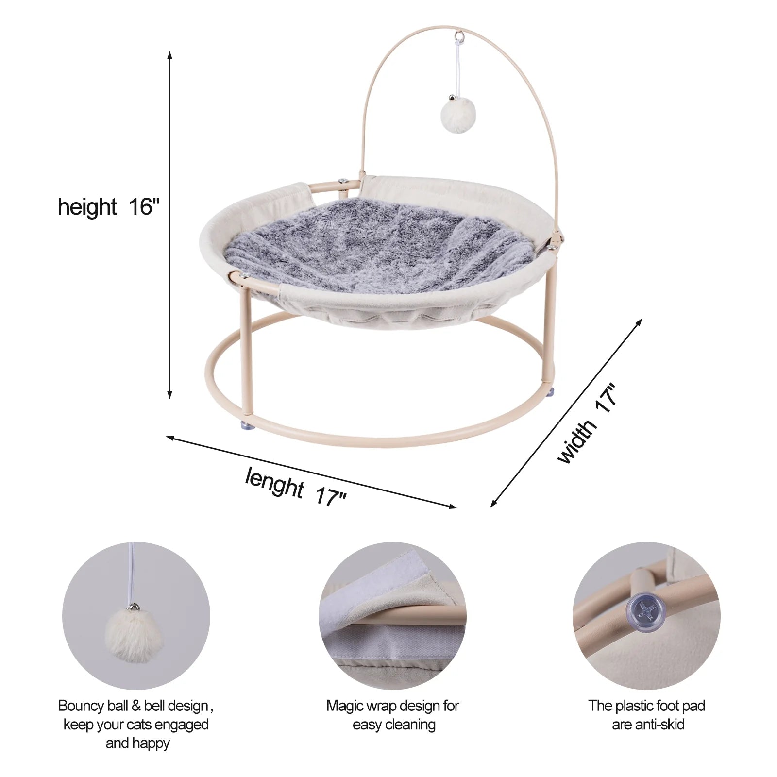 Cat Hammocks, Elevated Cat Bed with Bouncy Ball & Bell, for Cats and Small Dogs, Off-White