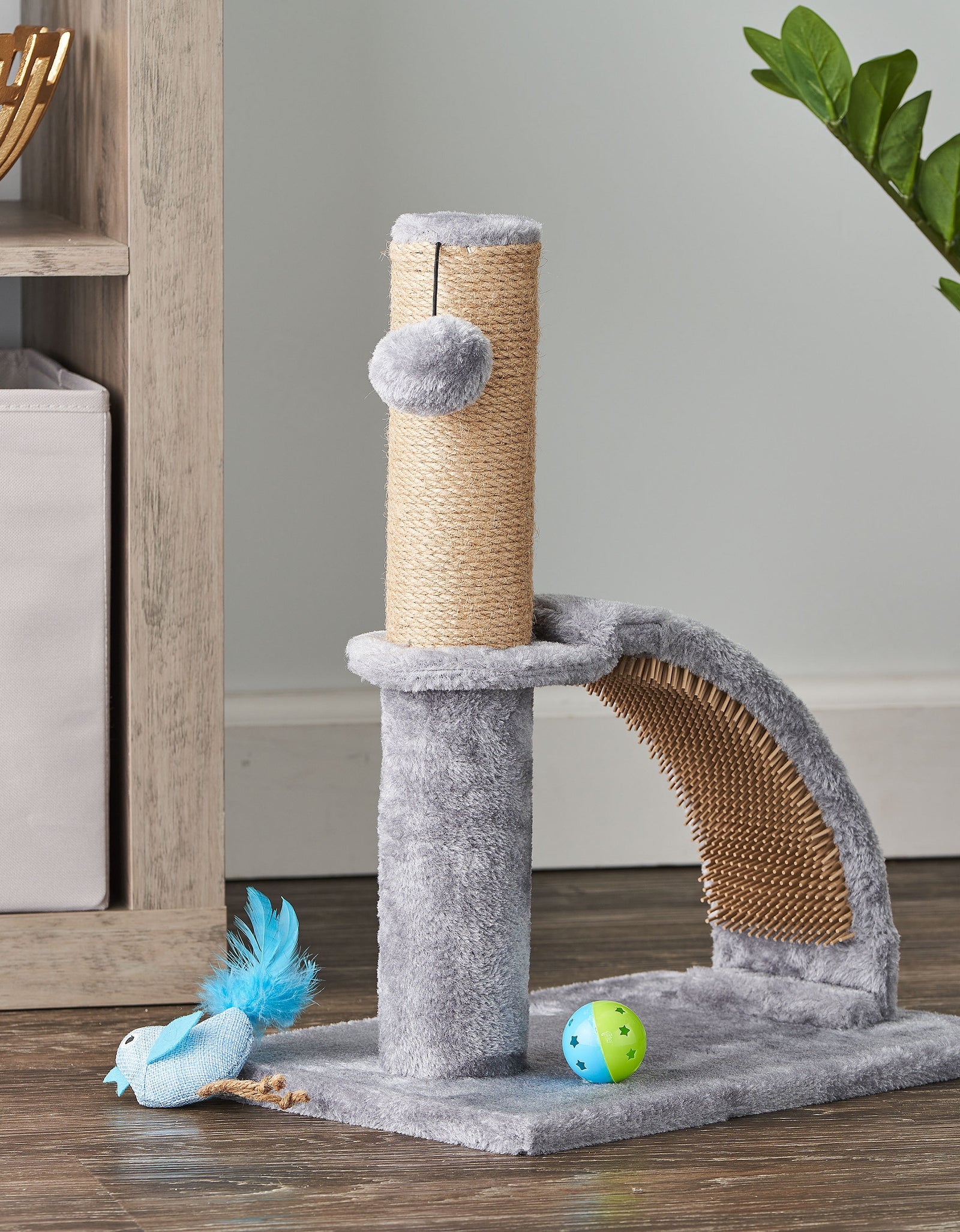 17"Deluxe Jute Cat Scratching Post with Arch Grooming Massager, Gray, Pack of 1