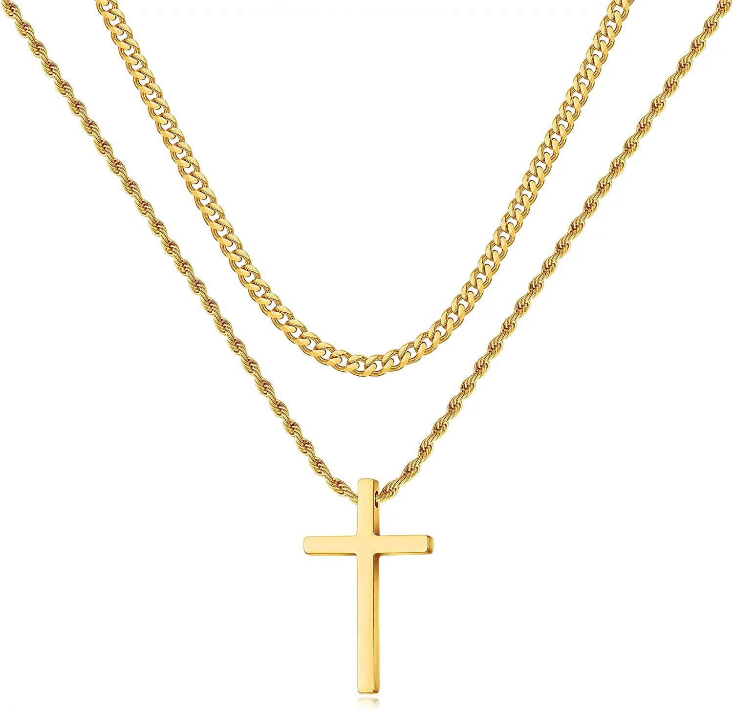 Stainless Steel Cross Necklaces for Men Layered Cuban Link Chain Rope Chain Mens Cross Necklaces Black Silver Gold Cross Pendant Necklace for Men Boys Women 16-26 Inches