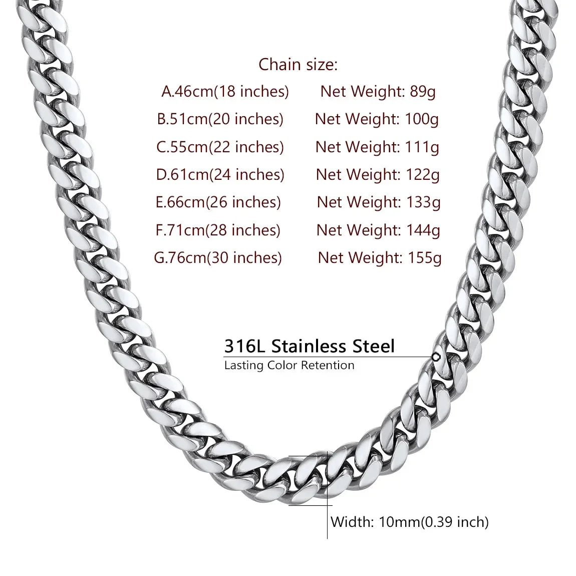 Men'S Stainless Steel Cuban Link Chain Necklace 10MM 18Inch Hip Hop Jewelry