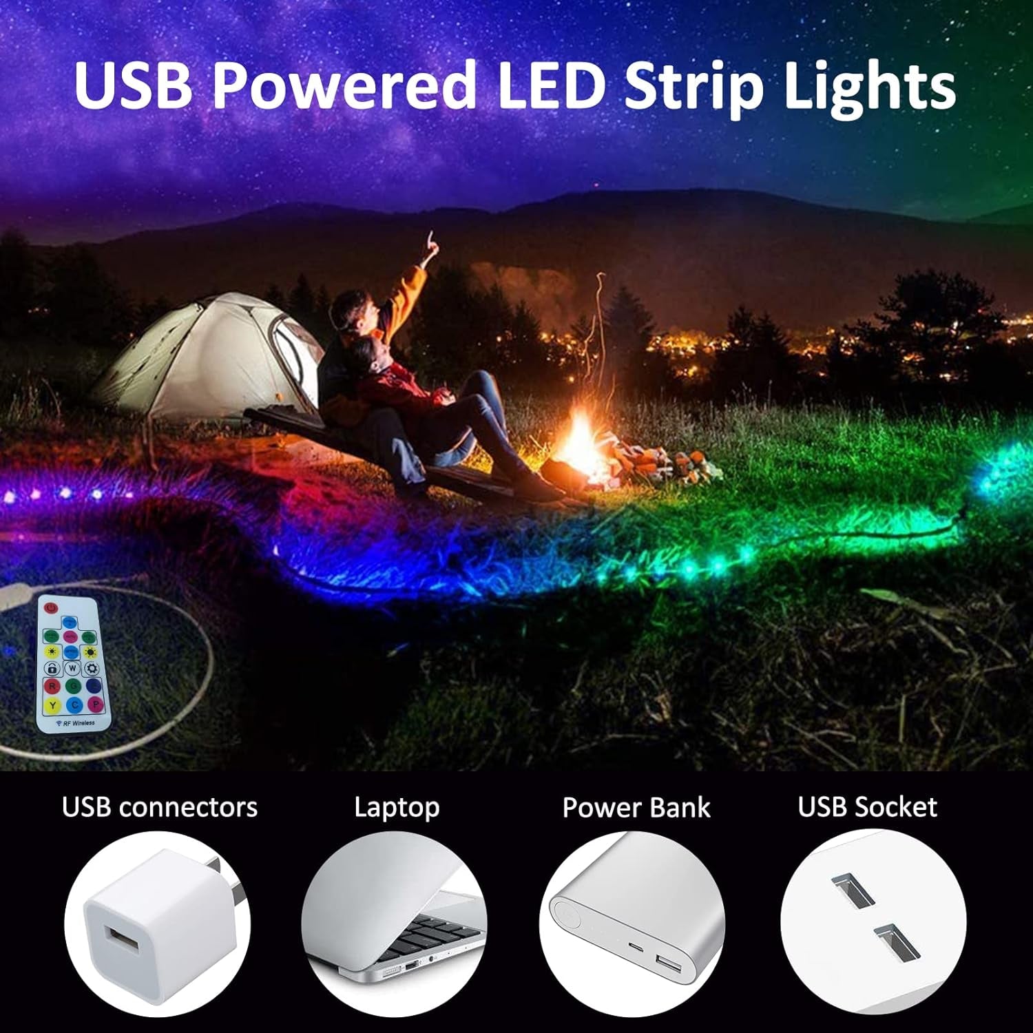 LED Strip Lights USB Powered  Rainbow Color LED Lights Strip LED TV Backlight Strip with RF Remote Color Changing Strip Lights Waterproof IP65 LED Rope Lights LED Lights 2M 6.54FT