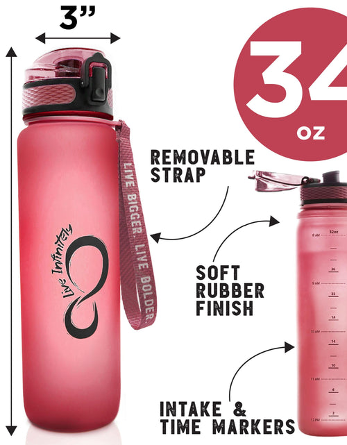 Load image into Gallery viewer, Gym Water Bottle with Time Marker Fruit Infuser and Shaker 34 Oz Amethyst
