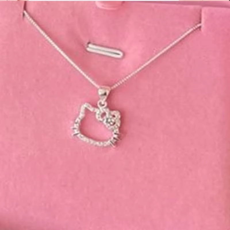 Kawaii Hello Kitty Sanrio Pink Crystal Necklace Silver Alloy Anime Jewelry Chain Female Charm Valentine Accessories Girl Gift