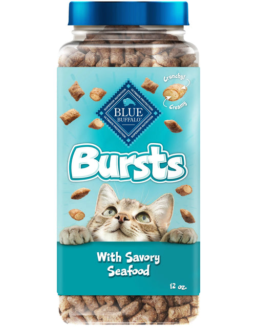 Load image into Gallery viewer, Bursts Crunchy &amp; Creamy Dry Cat Treats, Great for Training, Seafood, 12-Oz. Tub
