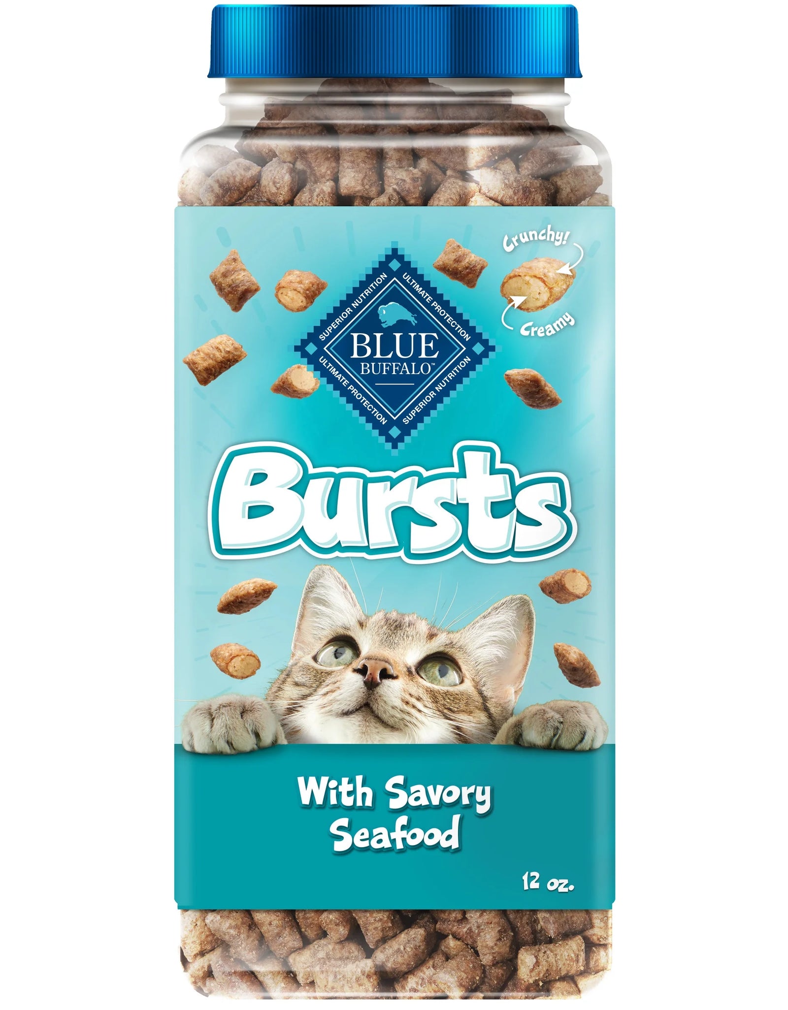 Bursts Crunchy & Creamy Dry Cat Treats, Great for Training, Seafood, 12-Oz. Tub