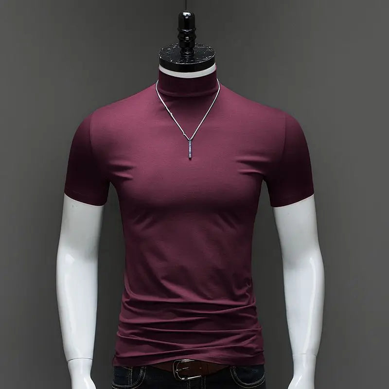 Fashion Men'S Summer Korean Style plus Size Harajuku T-Shirt Short Sleeve High Neck Turtleneck Slim Fit Luxury Clothing Male