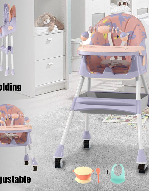 Load image into Gallery viewer, XUDREZ 4-In-1 Baby High Chair Portable Baby Dining Chairs Eat &amp; Play Convertible High Chair with Five-Point Snap Button, Double-Layer Dinner Plate and Toy Rack, Purple
