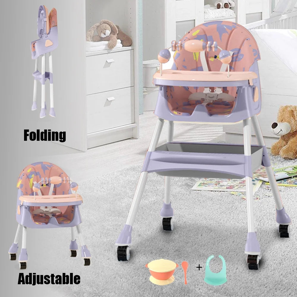 XUDREZ 4-In-1 Baby High Chair Portable Baby Dining Chairs Eat & Play Convertible High Chair with Five-Point Snap Button, Double-Layer Dinner Plate and Toy Rack, Purple