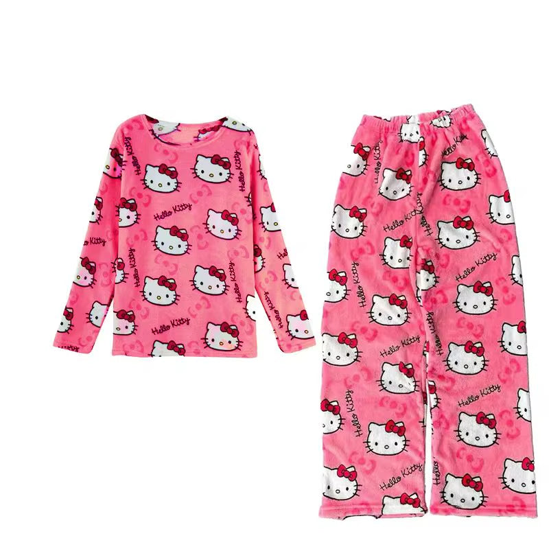 Cartoon Sanrio Hello Kitty Autumn and Winter Flannel Thickened Velvet Cartoon Print Set Winter Wearable Home Clothing Set