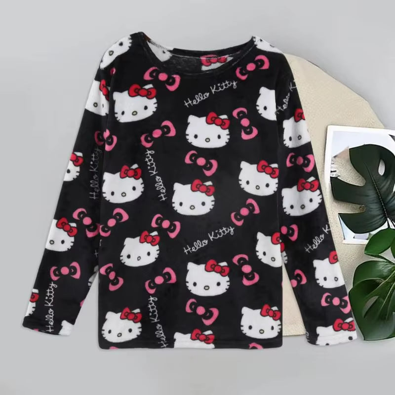 Cartoon Sanrio Hello Kitty Autumn and Winter Flannel Thickened Velvet Cartoon Print Set Winter Wearable Home Clothing Set