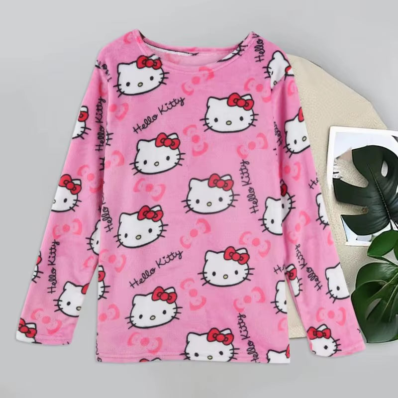 Cartoon Sanrio Hello Kitty Autumn and Winter Flannel Thickened Velvet Cartoon Print Set Winter Wearable Home Clothing Set