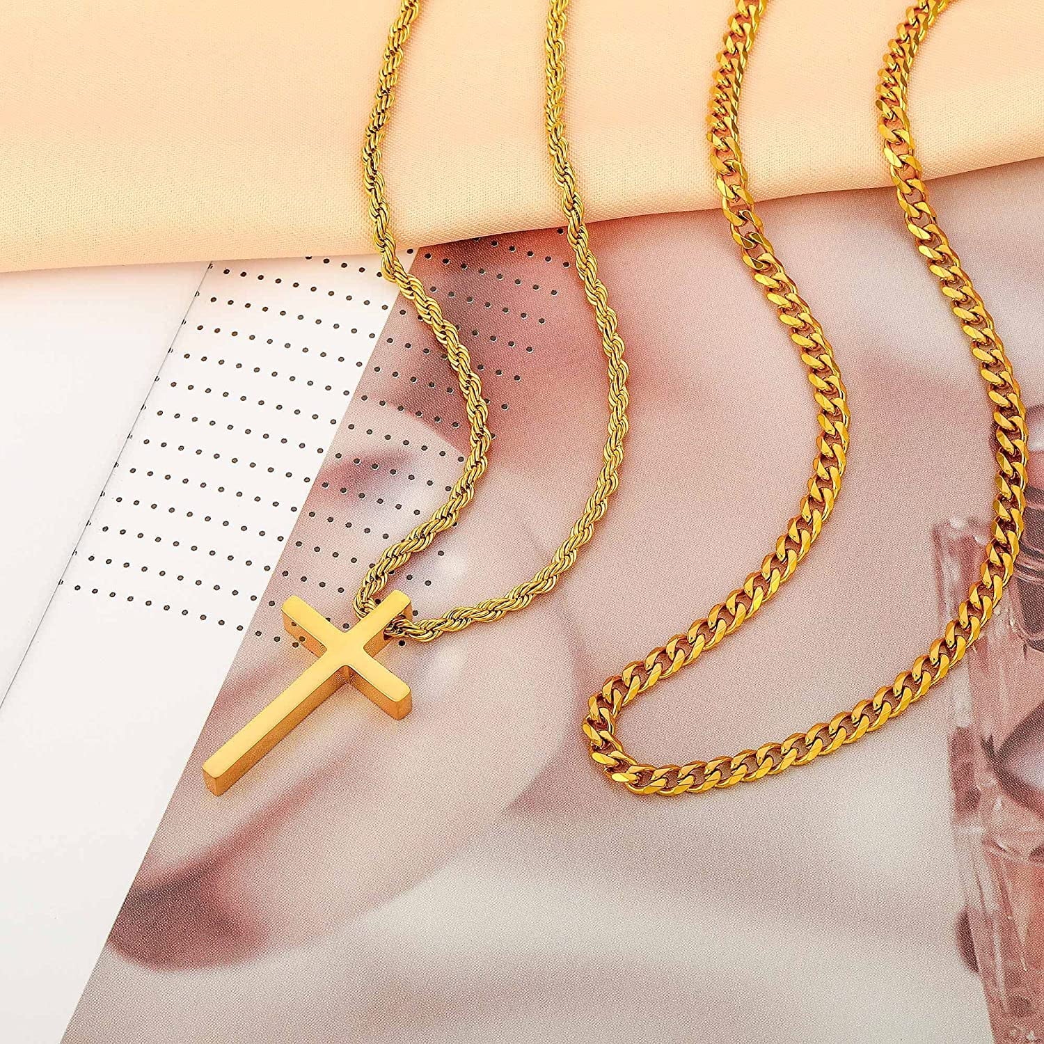 Stainless Steel Cross Necklaces for Men Layered Cuban Link Chain Rope Chain Mens Cross Necklaces Black Silver Gold Cross Pendant Necklace for Men Boys Women 16-26 Inches